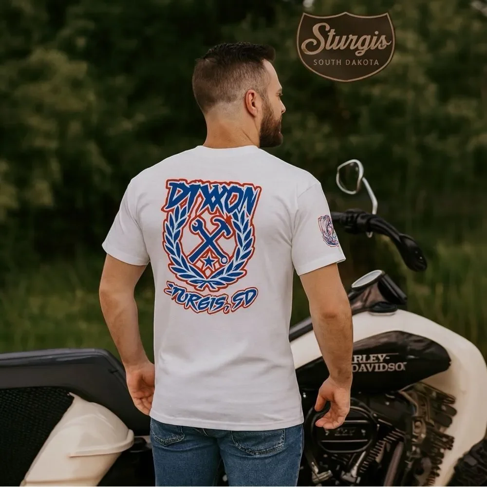 New DIXXON Sturgis USA Sketchy Crest White Graphic Men's Tee Shirt T-Shirt M L